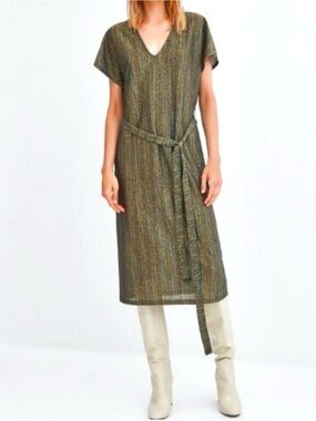 Olive Multistripe V-Neck Belted Midi Dress